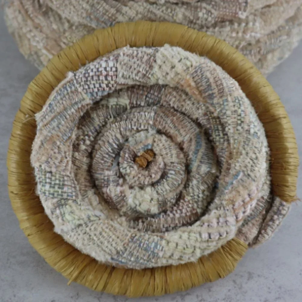 Natural Neutral Boho Southwestern Fabric Raffia Coiled Storage Trinket Basket